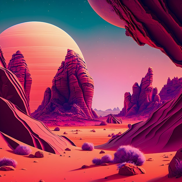 Vaporwave Mars paesaggio Illustrazione in stile vintage