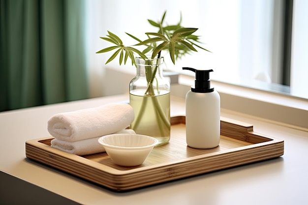 Vari accessori per l'igiene ambientale sono posizionati su un tavolo vuoto del bagno