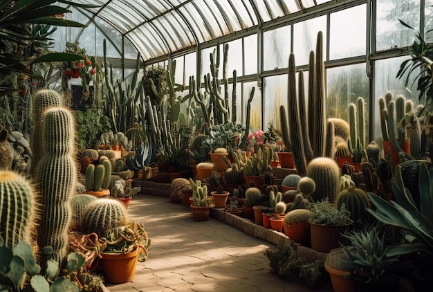 Vari cactus in una serra del conservatorio