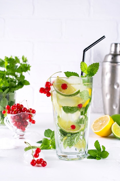 Vari cocktail di limonata o mojito ai frutti di bosco, lime al limone fresco ghiacciato, acqua infusa di ribes rosso, bevande disintossicanti salutari estive sfondo chiaro