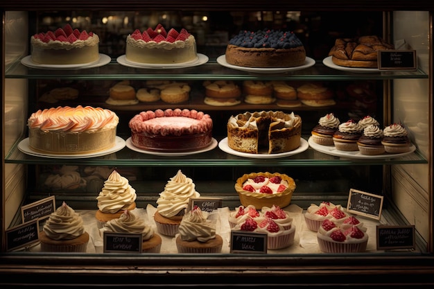 Vari dessert sono esposti in una panetteria di quartiere a Muswell Hill Londra Inghilterra