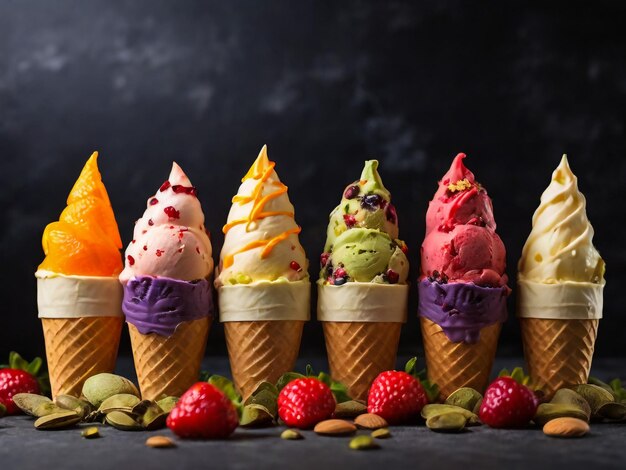 Vari di sapore di gelato in coni mirtillo fragola pistacchio mandorle arancione e ciliegia