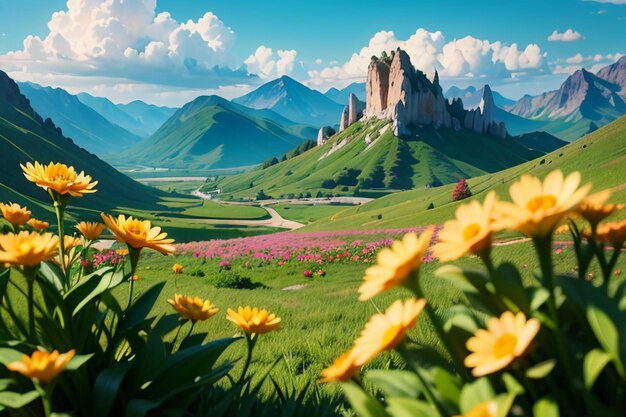 vari fiori sull'erba verde e le montagne in lontananza sono cielo blu nuvole bianche