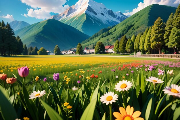 vari fiori sull'erba verde e le montagne in lontananza sono nuvole bianche del cielo blu