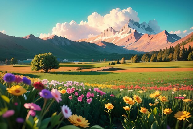 vari fiori sull'erba verde e le montagne in lontananza sono nuvole bianche del cielo blu