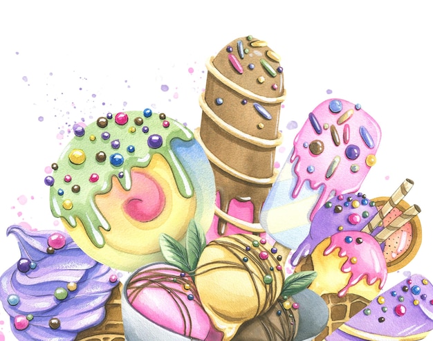 Vari gelati in coni di cialda palline di ghiaccioli con granelli di pasticceria topping Illustrazione ad acquerello Composizione della collezione ICE CREAM Per la progettazione e la progettazione di menu