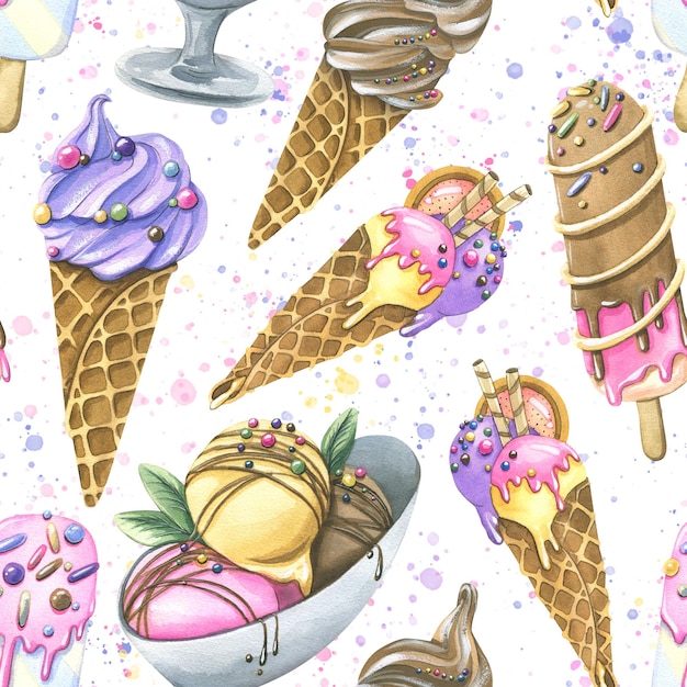 Vari gelati in coni di cialda palline di ghiaccioli con spruzzi di pasticceria topping Illustrazione ad acquerello Modello senza cuciture della collezione ICE CREAM Per la progettazione e la progettazione di menu