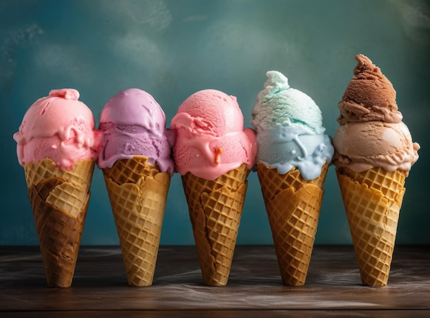 Vari gusti di gelato in coni mirtillo fragola pistacchio mandorla arancia e ciliegia su sfondo blu Concetto di menu estivo e dolce
