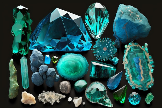 Vari minerali e pietre verde blu con cristalli