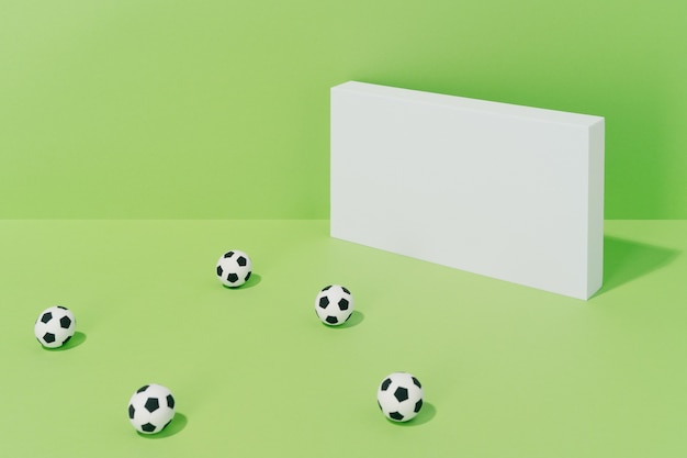 Vari palloni da calcio in porta su uno sfondo verde. concetto di calcio e sport.