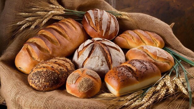 Vari pane fatti in casa su burlap con grano foto di alta qualità