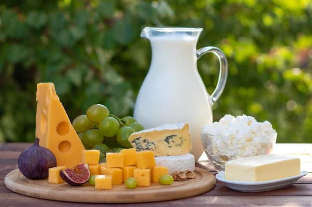 Vari prodotti lattiero-caseari sul tavolo contro un fogliame lussureggiante Formaggio burro ricotta e latte