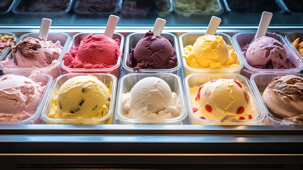 vari sapori di gelato al vetrino del negozio di dessert AI Generative