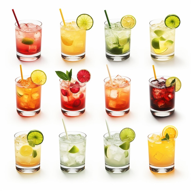vari tipi di cocktail su sfondo bianco