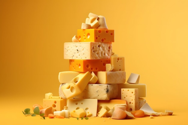 Vari tipi di formaggi su sfondo giallo