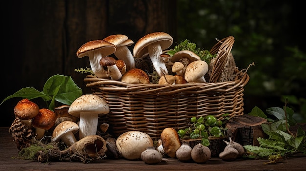 Vari tipi di funghi raccolti in un cesto rustico su un suolo della foresta IA generativa