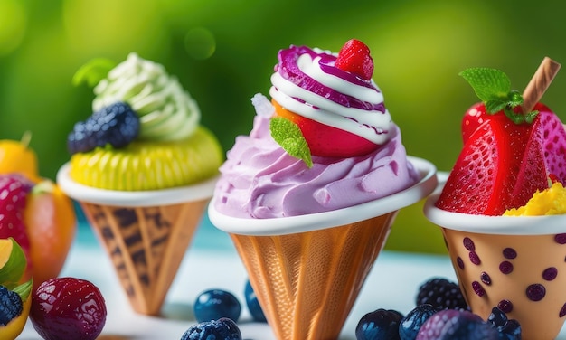 Vari tipi di gelati colorati con frutta