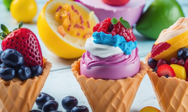 Vari tipi di gelati colorati con frutta