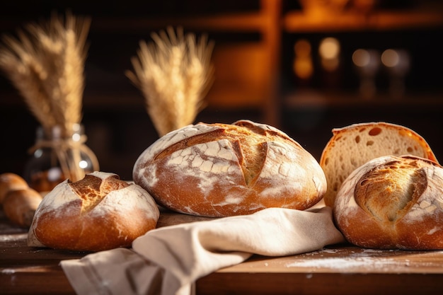 Vari tipi di pane fresco visualizzati sul tavolo Immagine che evidenzia la messa a fuoco selettiva