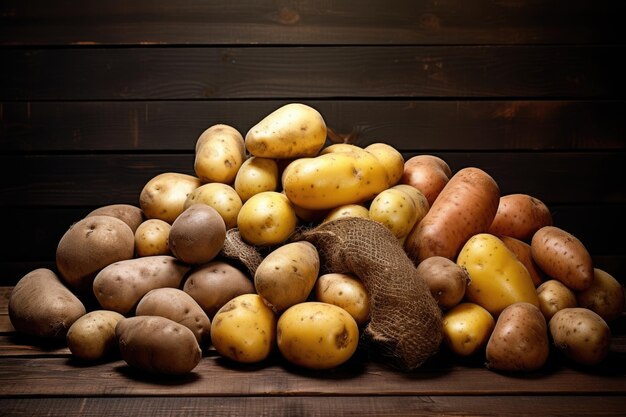 Vari tipi di patate su un tavolo di legno rustico