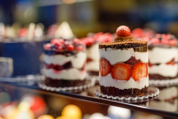 Vari tipi di torte in una pasticceria in vendita