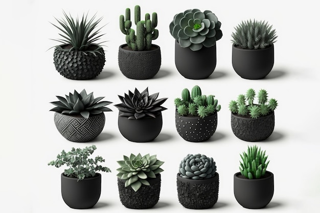 Vari tipi di vasi di creta per piante domestiche su sfondo bianco IA generativa