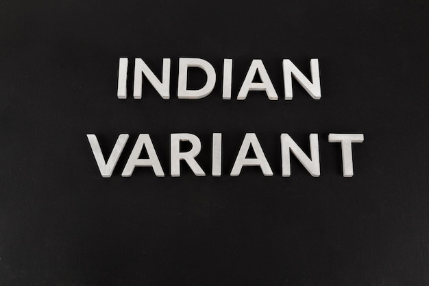 Variante indiana di parole posata con lettere in metallo argentato su superficie nera opaca