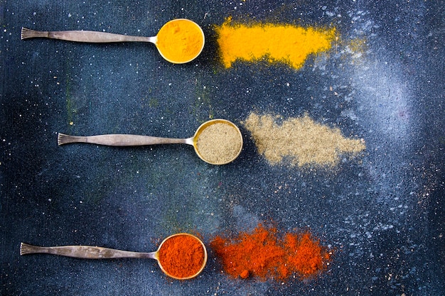 Variazione di spezie sui cucchiai d'argento vintage, tutte le spezie sulla tavola, cibo colorato