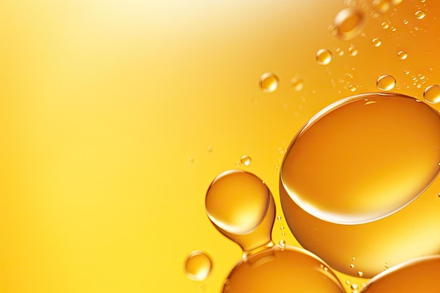 Varie bolle gialle dorate di olio o siero su un fondo dello spazio della copia che rappresenta cosmetico o sp