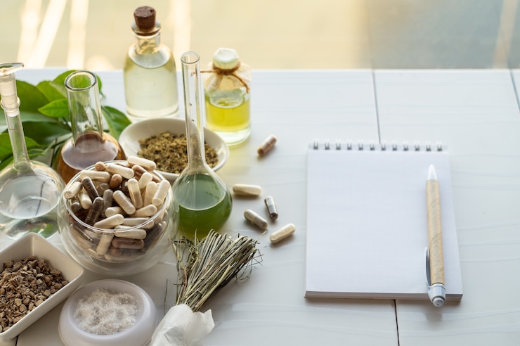 Foto varie capsule con integratori alimentari, ingredienti per la loro creazione e un taccuino con una penna.