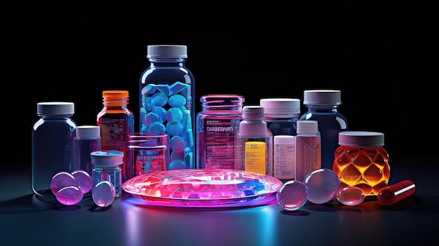 varie capsule e flaconi per concetti di laboratorio di ricerca farmaceutica e medica