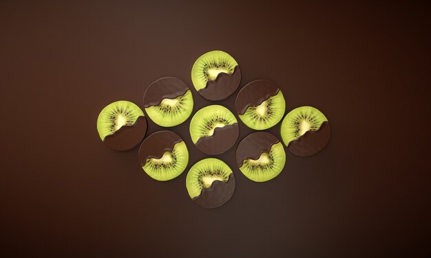 Varie fette di kiwi immerse nel cioccolato liquido