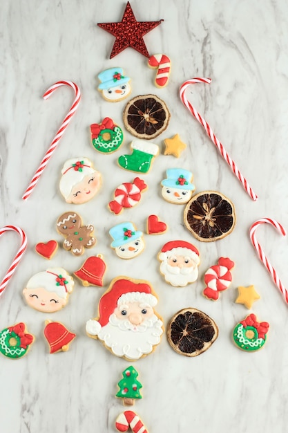 Varie forme di biscotti di zucchero decorati in casa per Natale