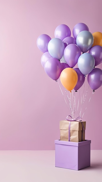 Varie scatole presenti con fiocchi e palloncini gonfiabili compleanno sfondo colorato spazio copia