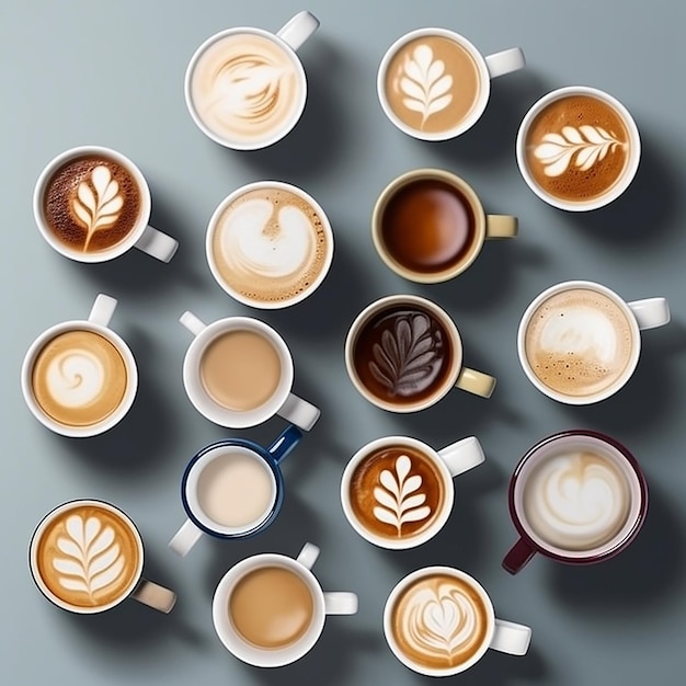 Varie tazze di caffè sul cappuccino nero espresso americano latte l'una accanto all'altra