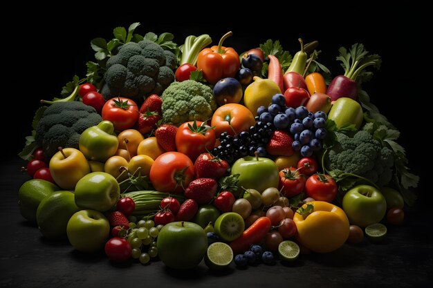 Varie verdure e frutta si trovano in cerchio su uno sfondo scuro