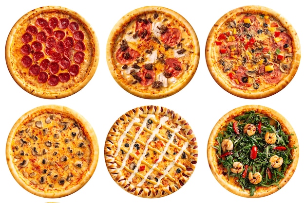 Varietà assortita isolata di pizza collage menu design su sfondo bianco