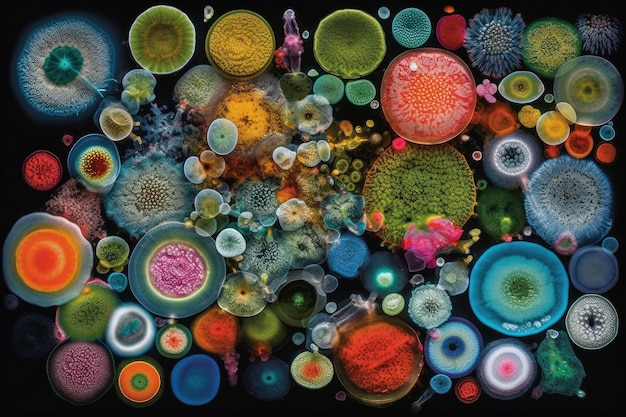 Varietà colorata di microrganismi all'interno della piastra Petri in laboratorio IA generativa