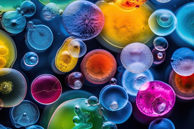 Varietà colorata di microrganismi all'interno della piastra Petri in laboratorio IA generativa