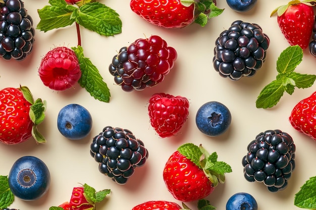 varietà di bacche fresche con foglie di menta su sfondo di crema concetto di alimentazione sana