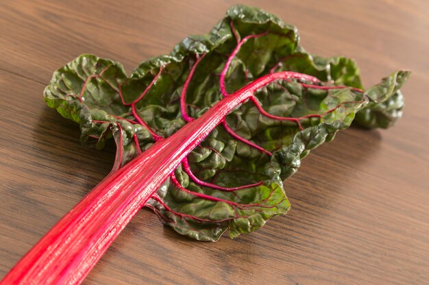 Varietà di bietole con nervature rossastre del gambo contrastano con il verde foglia