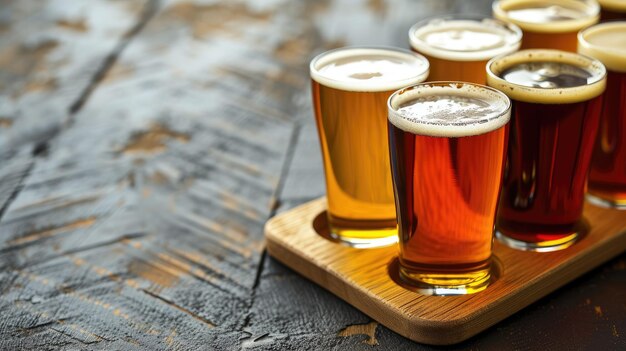 Varietà di birre artigianali in bicchieri su vassoio di legno