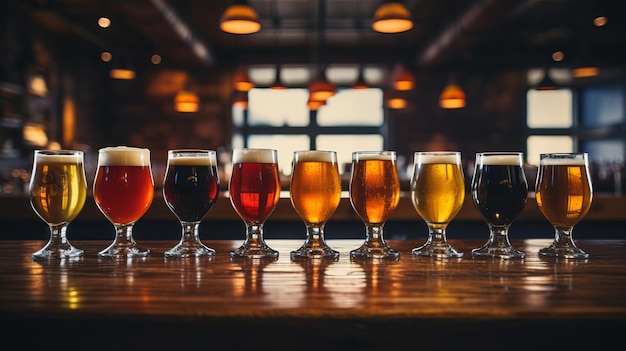 Varietà di birre bicchieri di birra artigianale disposti su un bancone del bar