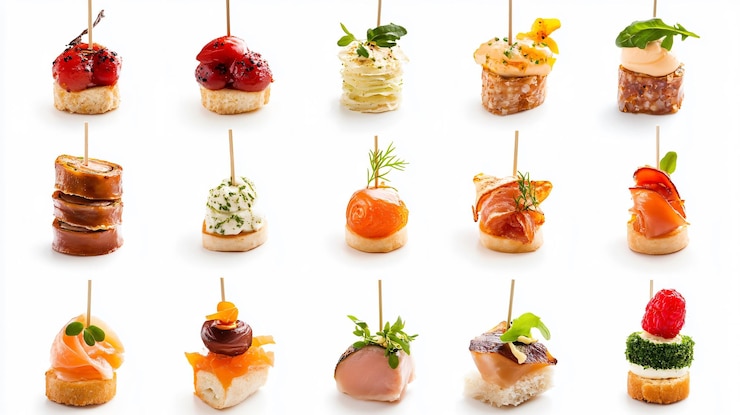 Foto varietà di canapè gourmet su uno sfondo bianco