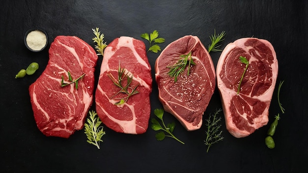 Varietà di carne grezza di angus nero prime bistecche di carne di manzo rump steak tenderloin filetto mignon o alla griglia