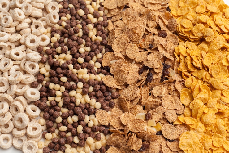 Foto varietà di cereali freddi, colazione veloce per bambini in testa