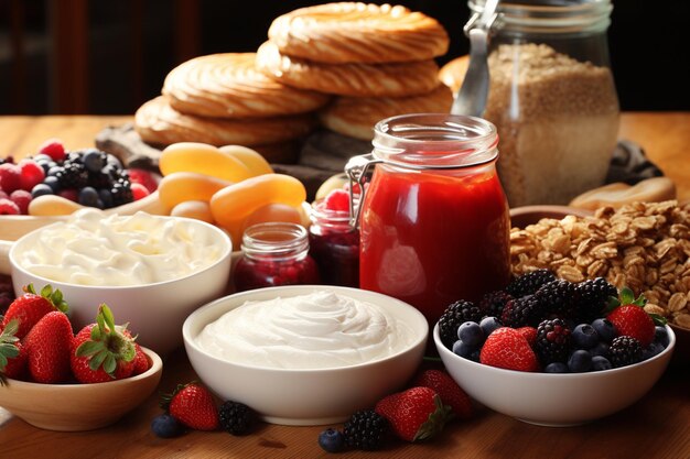 Varietà di cibi per la colazione Colazione a buffet continentale