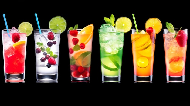 Varietà di cocktail colorati e long drink sul tra