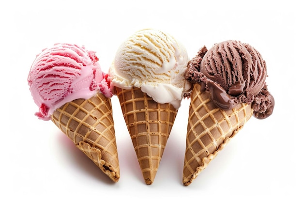 Varietà di coni di gelato su sfondo bianco