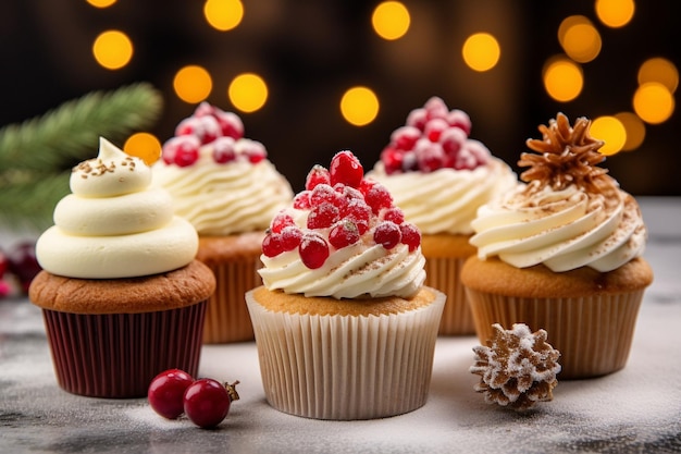 Varietà di cupcake di Natale con pan di zenzero zuccherato di mirtillo e noci candite